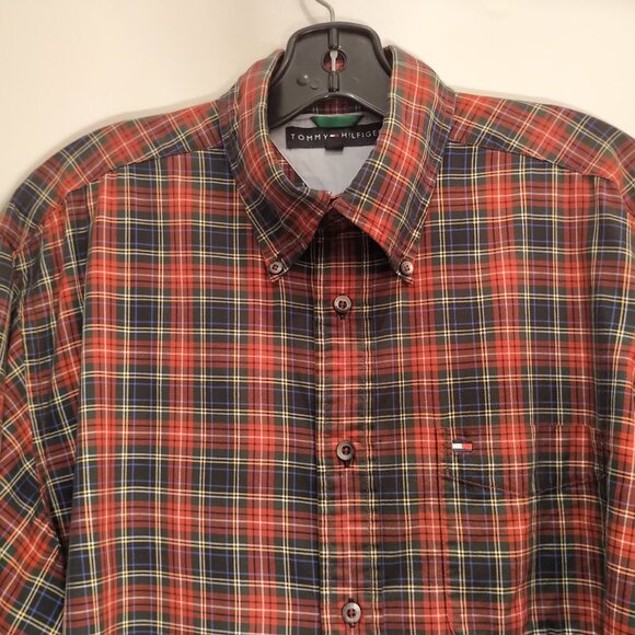 🍉2/40🍉Vintag Tommy Hilfiger Men's Shirt Red Plaid Long Sleeves Button up Shirt - Picture 5 of 16